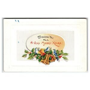 Vintage Christmas Postcard with Birds, Holly & Bells, Unposted